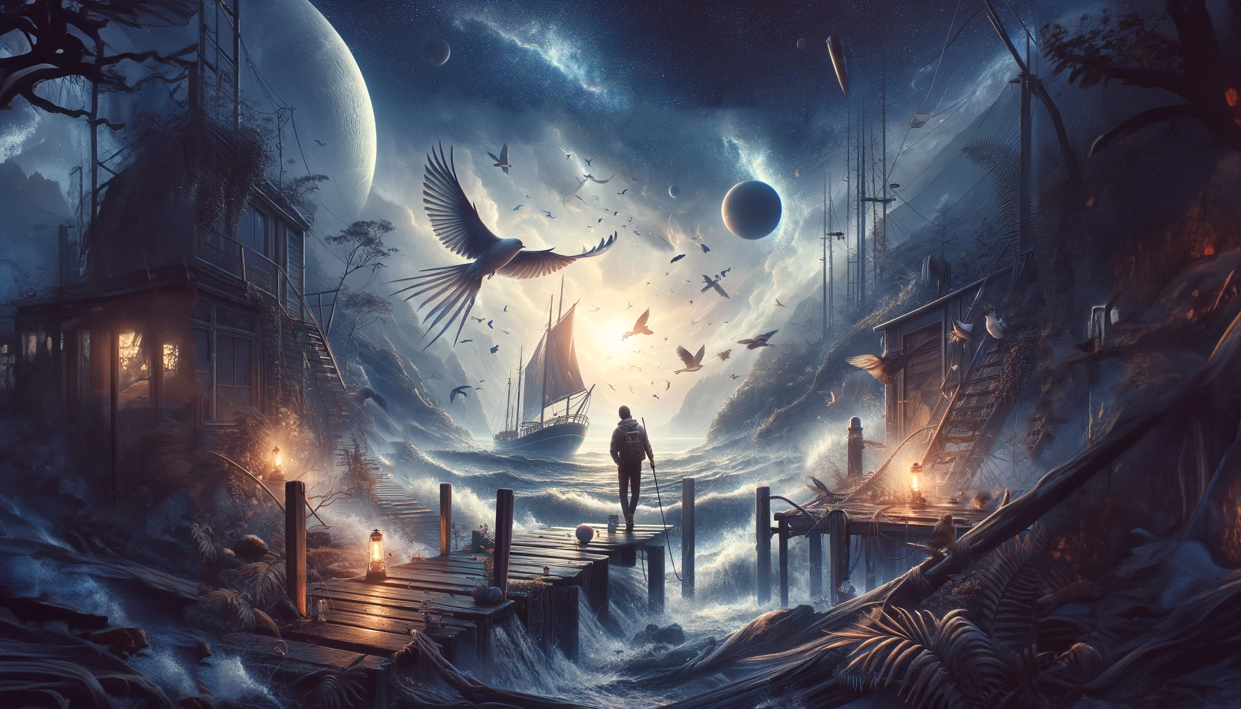 荒れた海と明かりのついた家と鳥と船が描かれています。荒れた海の岬で一人の少年が地平線に向かう船を見つめています。空には無数の鳥が羽ばたいており、空には宇宙空間が広がっており幻想的な雰囲気の写真です。