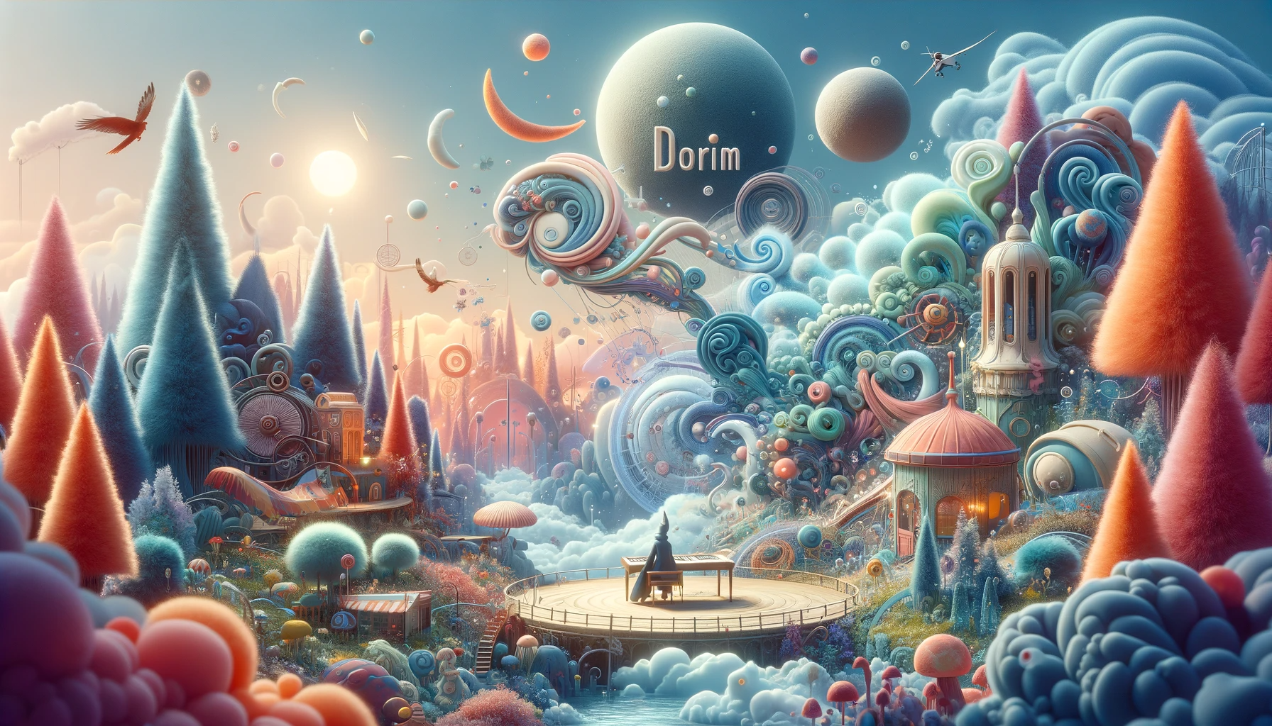 Dorimのイメージ画像。カラフルなオブジェクトが彩る幻想的な夢のような空間にDorimの文字が配置されている。遊園地のような夢の国。