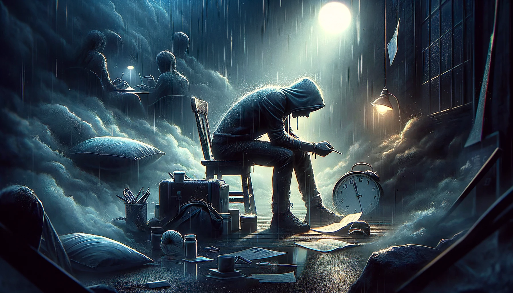 夢を追い求める孤独の葛藤を描いたイメージの画像。夢を叶えるために払った犠牲を象徴しています。これらの写真は、厳しい選択をすることの本質と、何よりも夢を優先することに伴う痛烈な孤独を捉えています。フードをかぶり、椅子に腰かけ雨の中下を見る青年が中央に描かれており、時計や背景には複数の人の集まりが描かれており、一人という孤独さを強烈に表現している。